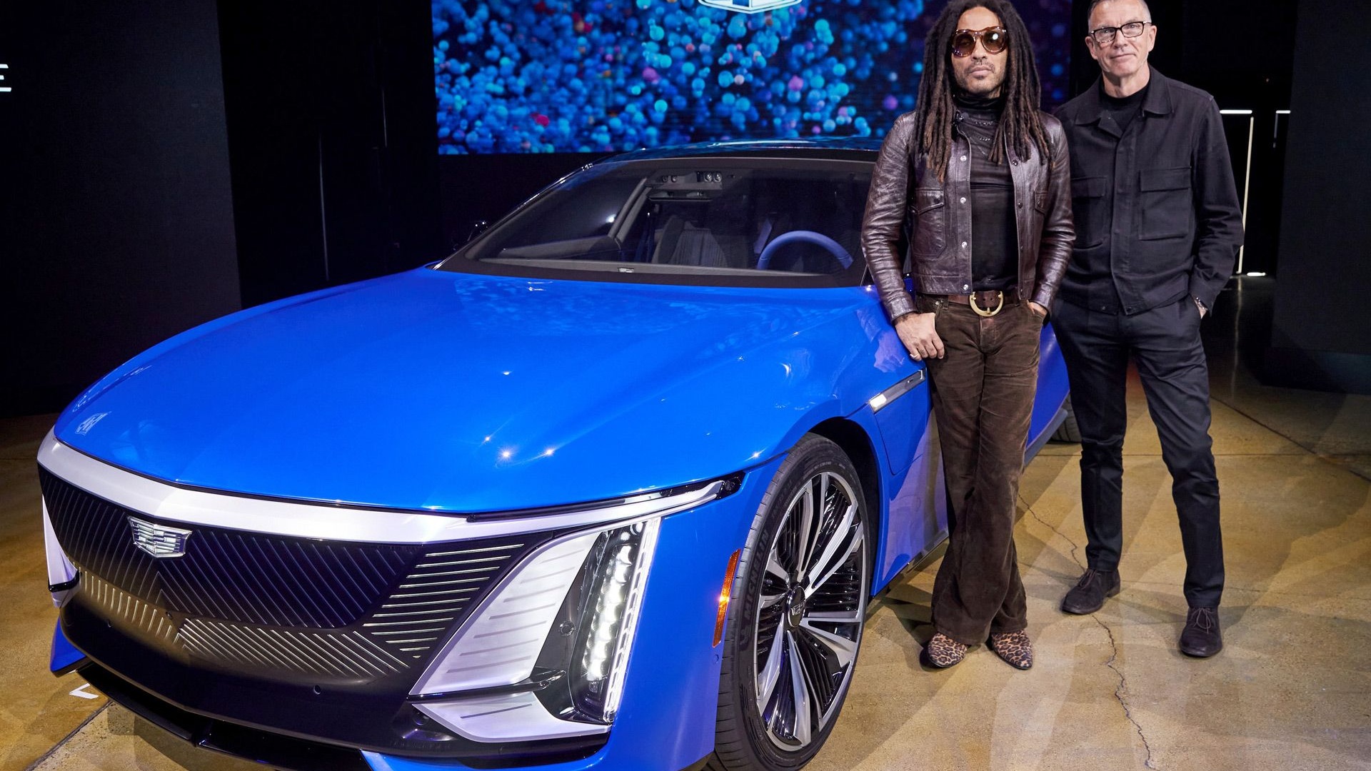 Lenny Kravitz and GM design chief Mike Simcoe with the 2024 Cadillac Celestiq