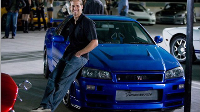 Paul Walker and an R34 Nissan Skyline GT-R on the scene of Fast and Furious 4