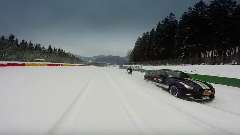 Snowboarding Behind A Nissan GT-R At Spa