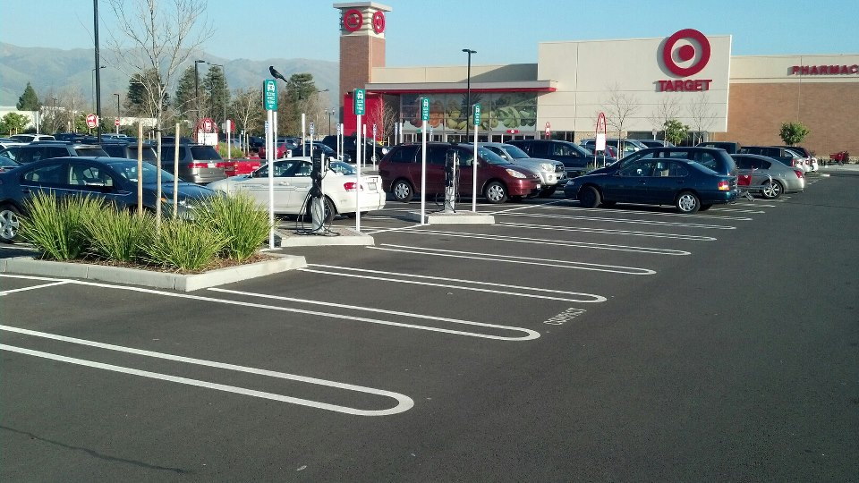 Electric-car charging stations at Target in Fremont, CA [photo by Jack Brown]